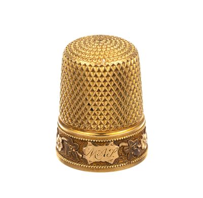 18K Gold Thimble. Victorian era thimble in 18k gold. Has an original owner's monogram. 7.6 grams.