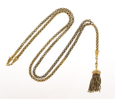 14K Gold Antique Tassel Necklace. The necklace chain is 27" in length with a 4" drop to the 