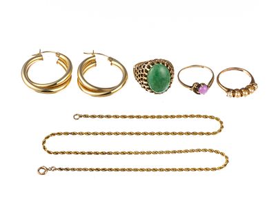 10K Gold Rings Chain Bracelet Earrings. A twice-around French rope chain bracelet (13.75"), 1" 