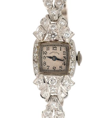 Platinum Diamond Hamilton Wrist Watch. An antique platinum Hamilton watch requiring service. The 