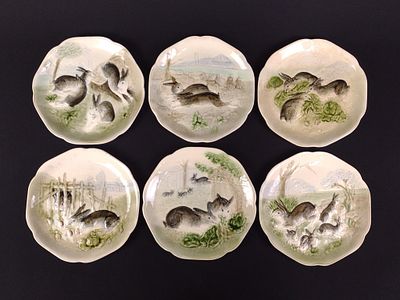 6 Majolica Rabbit Plates. Group of 6 Higgins and Seiter N.Y made in France Majolica Rabbit 