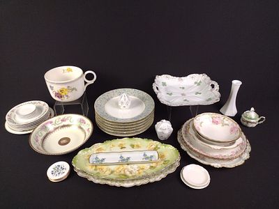 38 Pcs Floral Porcelain incl Limoges. Includes dinner plates, serving plates, bowls, and 