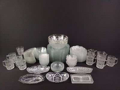 100 Pcs Cut and Pressed Glass. Includes 21 dinner plates, 19 salad plates, 8 crescent dishes, 8 