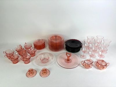 57 Pcs Colored Glass incl Pink Depression Glass. Includes 47 pcs pink depression glass and 10 