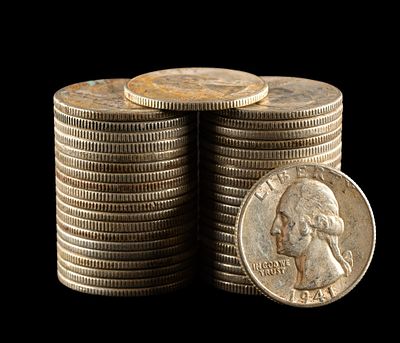 Forty Washington Silver Quarters. Washington quarters from the 1930's, 1940's, 1950's, 1960's 