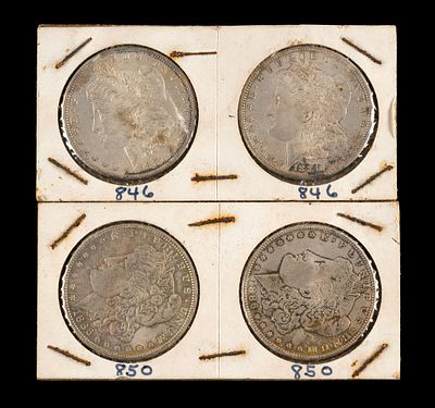 Four Uncirculated Morgan Silver Dollars. Two 1881-S and two 1886-P. No past cleaning evidence noted.