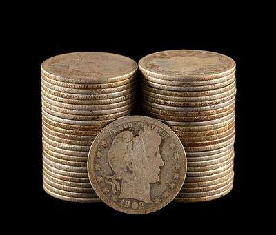 Fifty Barber Silver Quarters. Barber quarters collected from circulation. According to the 