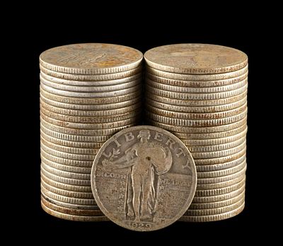 Fifty Standing Liberty Silver Quarters. Standing Liberty Quarters from the 1920's and 1930's. A 
