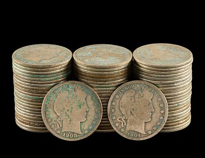 Sixty Eight Barber Silver Half Dollars. Circulated coins with wear and dates typically in the 