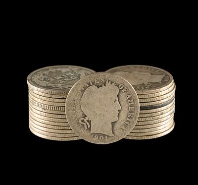 Twenty Seven Barber Silver Dimes. Circulated coins with wear and dates typically late 1800's and 