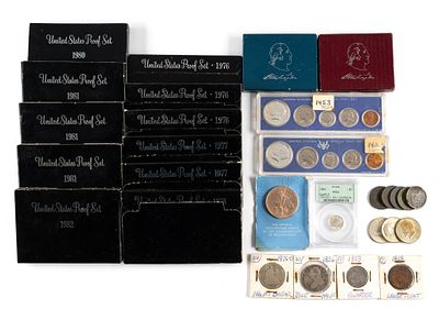 Various U.S. Coins Incl Silver. Proof sets, seated half dollars and one capped bust half dollar 