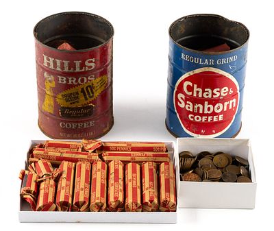 Wheat Cents and Copper Lincoln Memorial Cents. Two coffee cans with rolls (clay-red rolls) that 