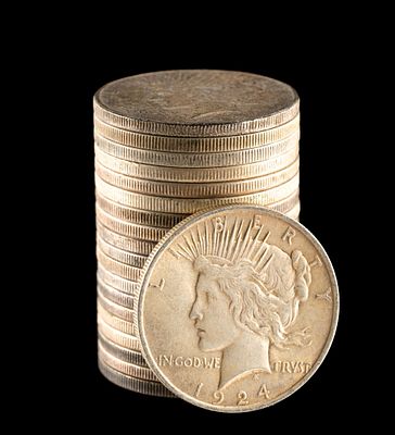 Twenty Morgan and Peace Silver Dollars. A mixture of common date silver dollars with decent grades.