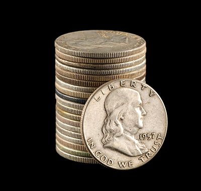 Twenty Silver Half Dollars. Walking Liberty and Franklin halves.