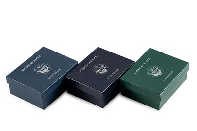 Three American Eagle Silver Dollar Bullion Coins. Each one ounce pure silver, uncirculated, in 