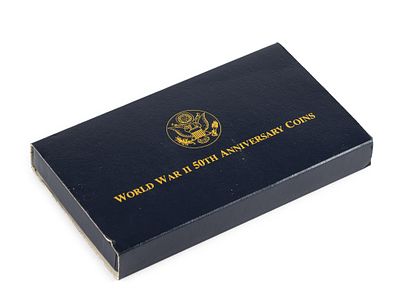 World War II 50th Anniversary Silver and Gold Coin Set. The set includes a $5 gold coin from 