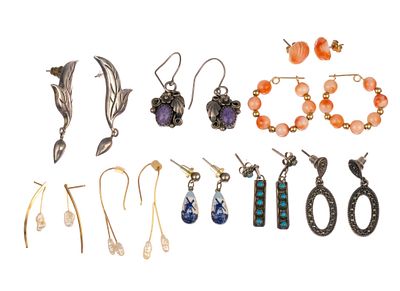 Nine Pairs Sterling Silver And 14K Gold Earrings. One pair of earrings with coral beads and 14k 