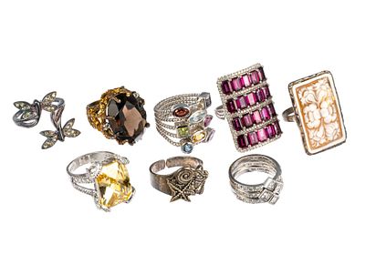 10 Sterling Silver Rings. All marked. Sizes 8-9, 1/4" to 1-3/8" long.