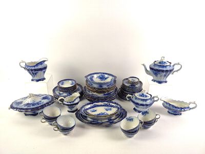 81 Pcs Stanley Pottery "Touraine" Flow Blue China. Includes 9 dinner plates, 8 salad plates, 5 