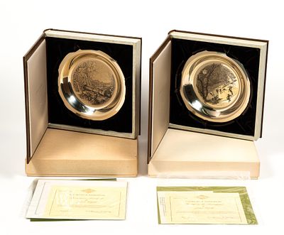 2 Limited Edition Jamie Wyeth Sterling Silver Plates. Includes "Skating on the Brandywine" 
