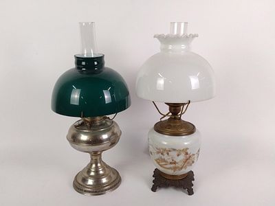 2 Vintage Hurricane Lamps. Milk glass lamp converted to electric. Good condition with normal 