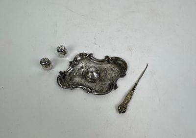 Sterling Silver Inkwell, Shakers, and Hook. Includes inkwell, salt and pepper shakers, and one 