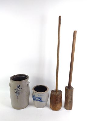 2 Cobalt Decorated Crocks with 2 Dashers. The butter crock is unsigned, and the other signed 