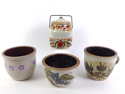 4 Colorful Painted Crocks. 1 produced by Western Stoneware Co. in Monmouth, Illinois. 1 signed 