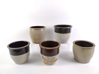 5 Crocks incl F. H. Cowden. Includes 2 F. H. Cowden crocks, 1 signed by B.W., and another signed 