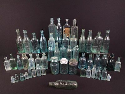 Grouping of Antique Aqua Glass Bottles. NOT ELIGIBLE FOR IN-HOUSE SHIPPING: See Terms for 