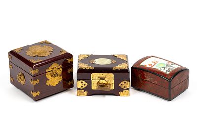 3 Asian Jewelry Boxes. 1 is locked and cannot be opened. Otherwise good condition, with normal 