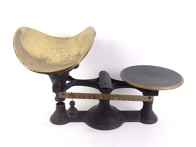 Metal Scale with Brass Basket. Signs of wear and tear associated with age. 15-3/4" tall, 25-1/2" 