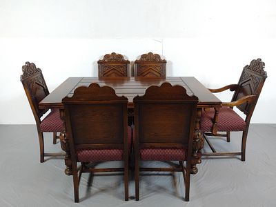 Baronial Jacobean Revival Dining Room Table &amp; Chairs. NOT ELIGIBLE FOR IN-HOUSE SHIPPING: 
