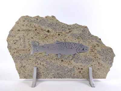 "Chrome" Steelhead Sculpture By James Cavagnaro. Inlaid steel in granite. Limited edition 1/25. 