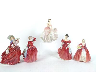 5 Royal Doulton Figurines. Includes The Polka, Blith Morning, Autumn Breezes, Winsome, and 