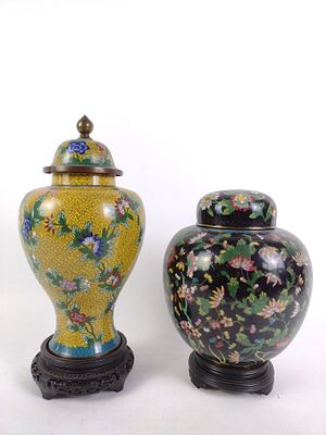 2 Cloisonne Asian Urns on Stands. Overall 7" to 8" wide x 12" to 15" high.