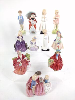 11 Royal Doulton Figurines. Includes Linda, Babie, Miss Muffet, Darling, BedTime, He Loves Me 