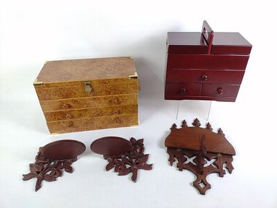 3 Hanging Shelves &amp; 2 Jewelry Boxes. Shelves measure 9-1/2" to 11-1/2" wide x 9-1/2" to 17" 