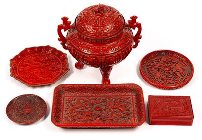 6 Pcs Chinese Carved Red Cinnabar. Includes urn, tray, small box, and 3 round plates. Urn has 