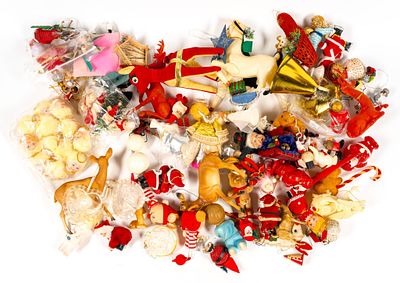 Lot of Vintage Christmas Decorations. Includes angels, Santa, reindeer, and more.