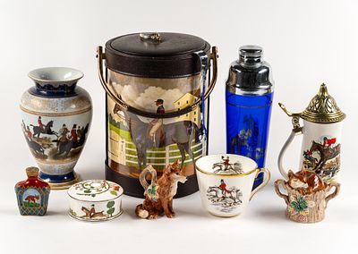 9 Horse and Fox Themed Items. Includes vintage equestrian ice bucket, vase, cup, curio box 