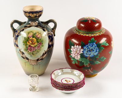 8 Pcs Decorative Items. Includes cloisonne jar with lid, vase marked "Made in Japan" on bottom 