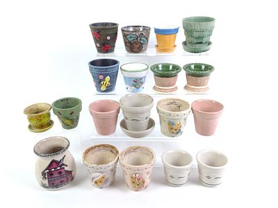 19 Small Planters. Some painted, some glazed. Some marked. Wear and tear associated with age and 