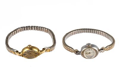 Two 14K Gold Cord Watches. One watch is 14k white gold Hamilton and the second a 14k yellow gold 