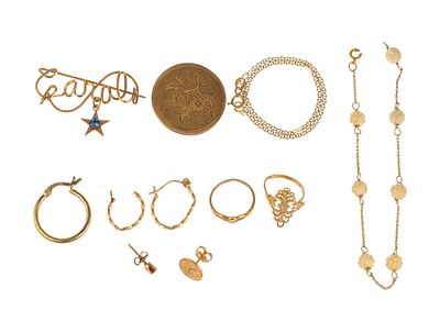 Gold Including 14K and 18K. Various damaged or low-use jewelry in 14k including one broken chain 