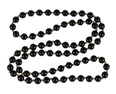 Onyx and 14K Gold Bead Necklace. A 29" length necklace with approximately 73 each onyx and gold 