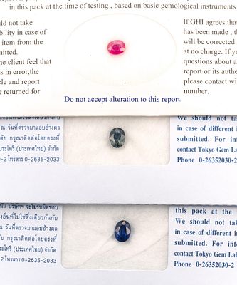 3 Unmounted Gemstones. Includes (1) Sapphire, OM/C, 1.46 carat, heated; (2) Ruby, OM/Fancy, 0.92 