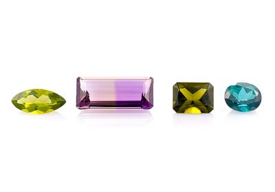 4 Unmounted Gemstones. Includes (1) Ametrine, emerald cut, 19.6 carats, VVS, unheated; (2) Topaz 