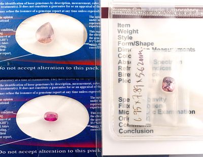 3 Unmounted Gemstones. Includes (1) Sapphire, pear, 5.76 carats, heated; (2) Ruby, oval, 1.46 