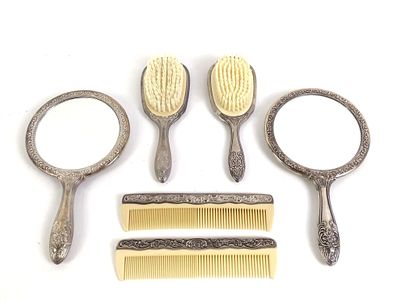 6 Pc Vintage Silver Vanity Set. No marks. Approx. each 9" long. Overall good condition.